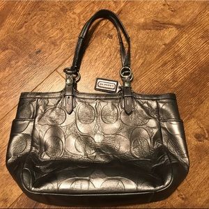 COACH pewter handbag with purple lining